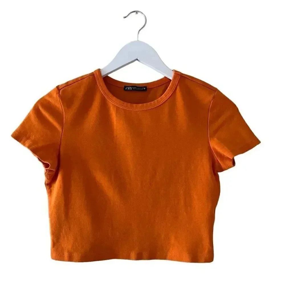 Zara Orange Short Sleeves Cropped Crewneck Basic TShirt SZ M #1706